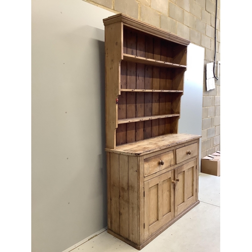 1126 - A Victorian pine dresser with boarded rack, width 140cm, depth 46cm, height 122cm. Condition - poor... 