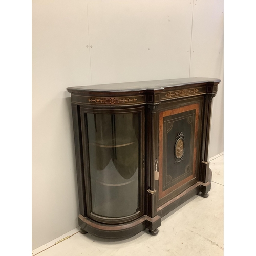 1127 - A late Victorian gilt metal mounted amboyna banded ebonised credenza, width 150cm, depth 44cm, heigh... 