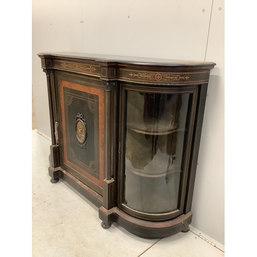 1127 - A late Victorian gilt metal mounted amboyna banded ebonised credenza, width 150cm, depth 44cm, heigh... 