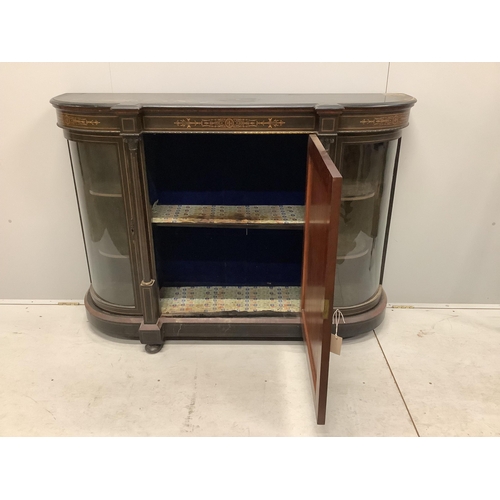 1127 - A late Victorian gilt metal mounted amboyna banded ebonised credenza, width 150cm, depth 44cm, heigh... 