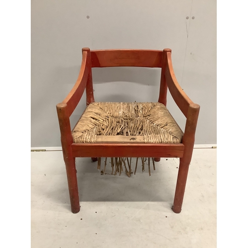 1138 - An early Habitat Magistretti style red stained beech settee, width 198cm, depth 84cm, height 69cm an... 