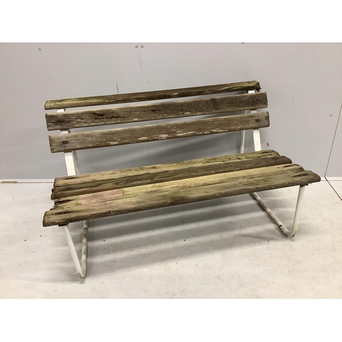 1139 - A pair of wooden slatted aluminium garden benches, width 122cm, depth 70cm, height 68cm. Condition -... 