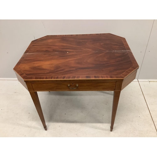 1143 - A George III mahogany folding tea table with frieze drawer, width 101cm, depth 41cm, height 73cm. Co... 