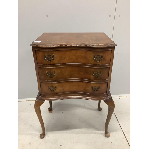 1146 - A pair of Queen Anne Revival serpentine walnut three drawer bedside chests, width 51cm, depth 35cm, ... 