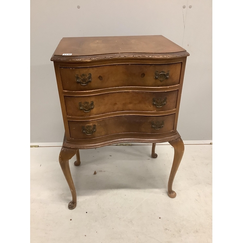 1146 - A pair of Queen Anne Revival serpentine walnut three drawer bedside chests, width 51cm, depth 35cm, ... 