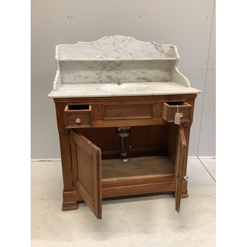 1147 - A late 19th century French pine marble top washstand with Boldings Patent swivel sink marked E.P. Co... 