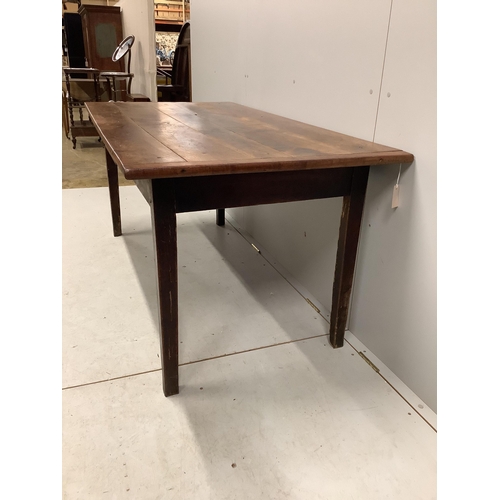 1155 - A 19th century French rectangular oak kitchen table, fitted drawer on square tapered legs, width 164... 