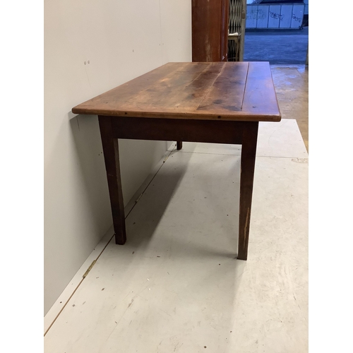 1155 - A 19th century French rectangular oak kitchen table, fitted drawer on square tapered legs, width 164... 