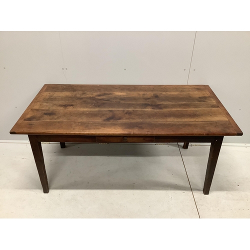 1155 - A 19th century French rectangular oak kitchen table, fitted drawer on square tapered legs, width 164... 