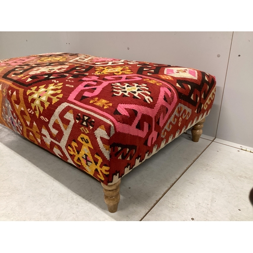 1158 - A large contemporary rectangular footstool with antique polychrome Kilim upholstery on turned beech ... 