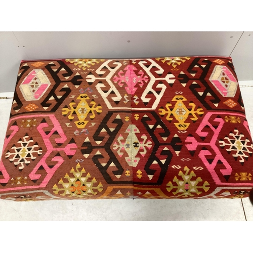 1158 - A large contemporary rectangular footstool with antique polychrome Kilim upholstery on turned beech ... 