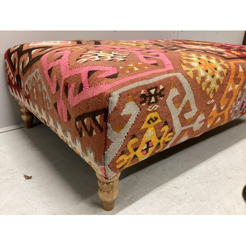 1158 - A large contemporary rectangular footstool with antique polychrome Kilim upholstery on turned beech ... 