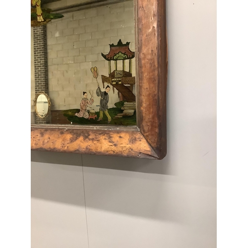 1159 - A late Victorian maple framed wall mirror with reverse painted chinoiserie decoration, width 44cm, h... 