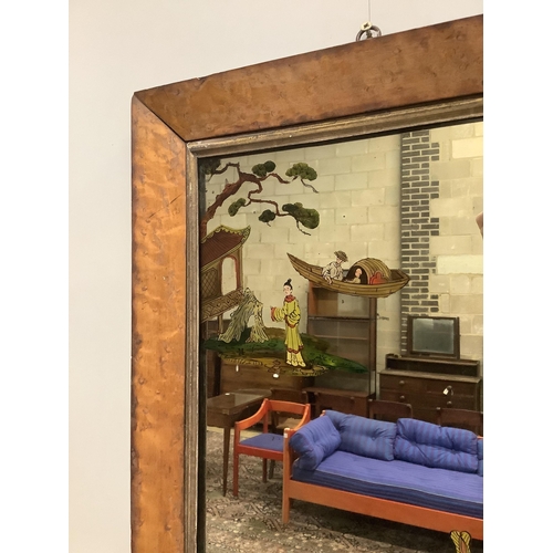 1159 - A late Victorian maple framed wall mirror with reverse painted chinoiserie decoration, width 44cm, h... 