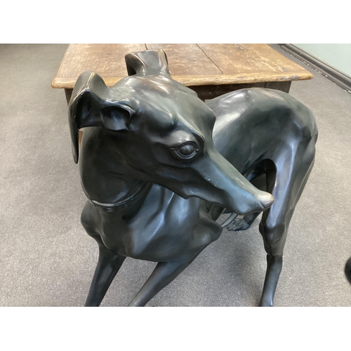 1162 - After P.J.Mene a life size dark patinated bronze of a standing greyhound, length 115cm, height 97cm.... 