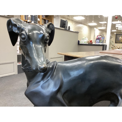 1162 - After P.J.Mene a life size dark patinated bronze of a standing greyhound, length 115cm, height 97cm.... 