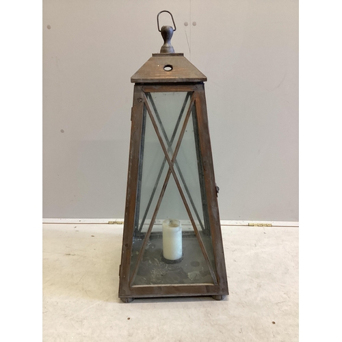 1164 - A large contemporary glazed pine interior candle lantern, height 86cm. Condition - good.