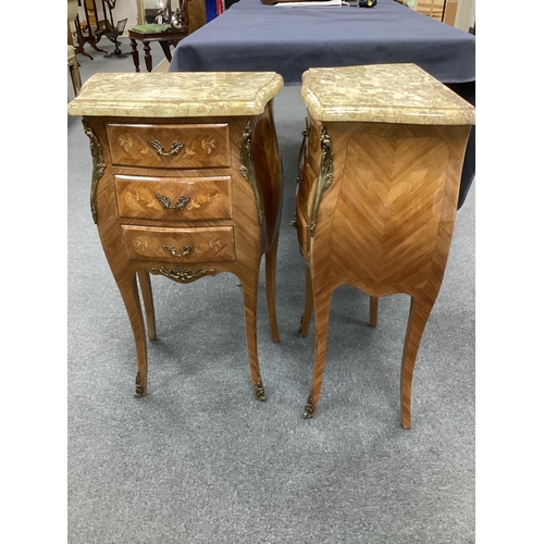 1166 - A pair Louis XVI style inlaid kingwood, gilt metal mounted bombe marble top of bedside chests, width... 