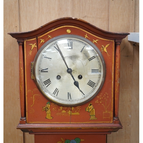 1251 - A 1930's Japanned grandmother clock with Roman numeral dial. Condition - poor, cracked and chipped... 