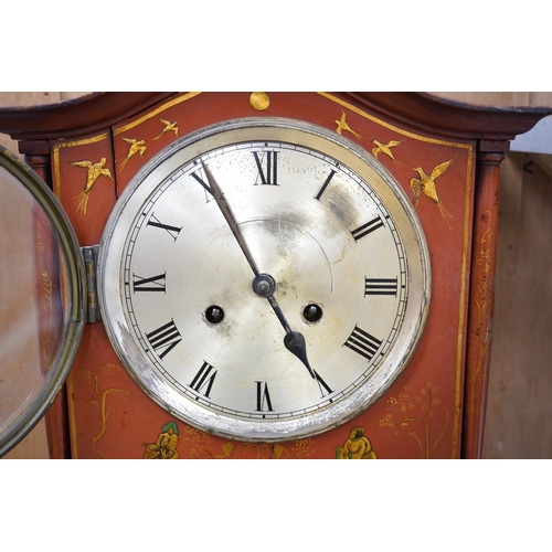 1251 - A 1930's Japanned grandmother clock with Roman numeral dial. Condition - poor, cracked and chipped... 