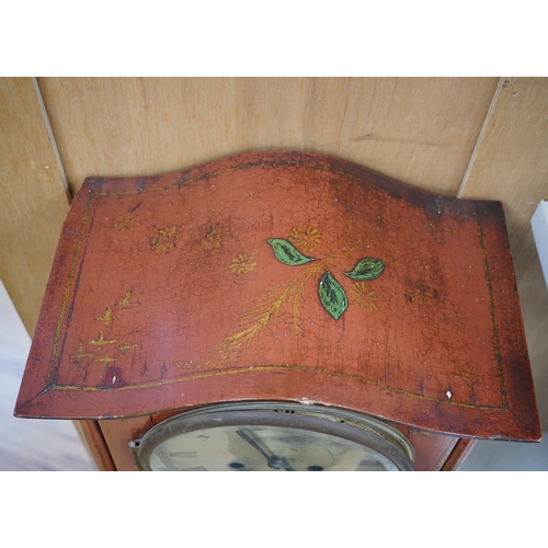 1251 - A 1930's Japanned grandmother clock with Roman numeral dial. Condition - poor, cracked and chipped... 