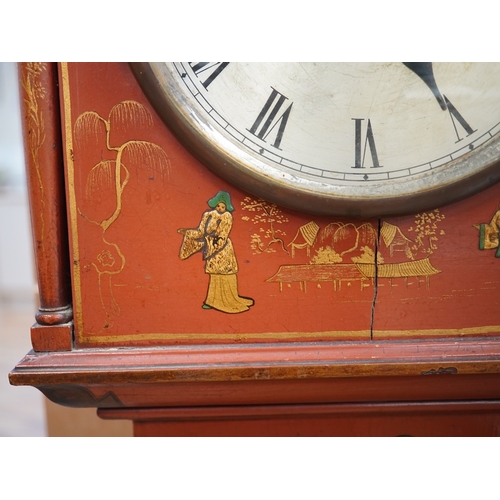 1251 - A 1930's Japanned grandmother clock with Roman numeral dial. Condition - poor, cracked and chipped... 