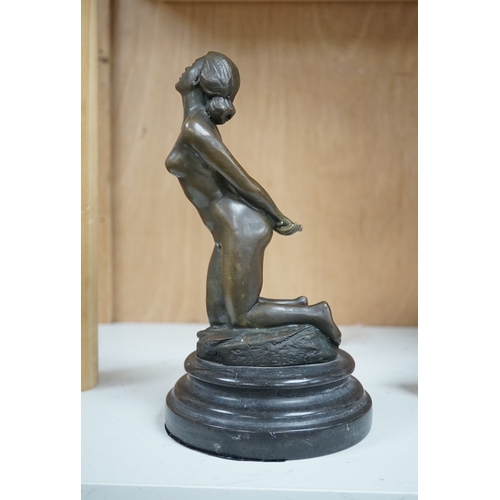 1252 - After Jean Patoue (1887 - 1936), a small bronze study of a bound nude lady, J.B. Deposse foundry mar... 