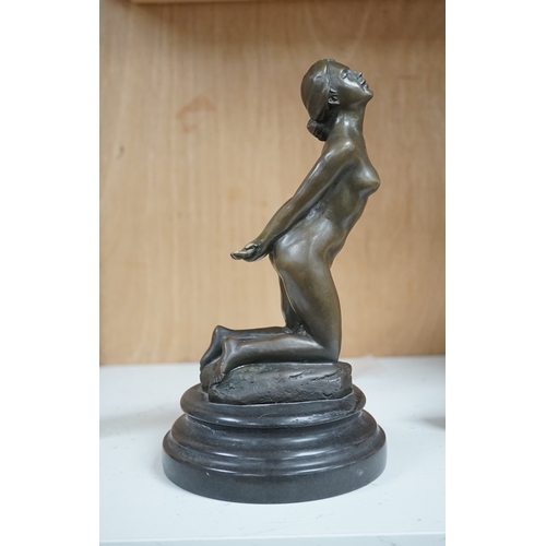 1252 - After Jean Patoue (1887 - 1936), a small bronze study of a bound nude lady, J.B. Deposse foundry mar... 