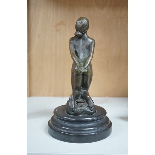 1252 - After Jean Patoue (1887 - 1936), a small bronze study of a bound nude lady, J.B. Deposse foundry mar... 