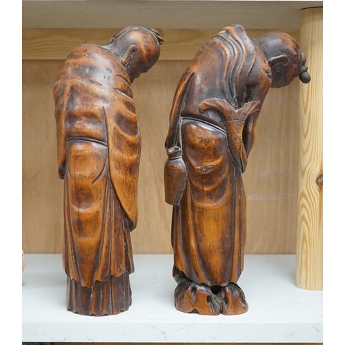 1254 - Two 19th century Chinese bamboo root figures of a fisherman and Shou Lao, tallest 32cm. Condition - ... 