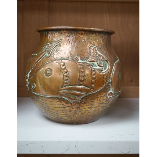 1266 - A Newlyn Arts & Crafts jardiniere by John Pearson, decorated with four different fish, signed and nu... 