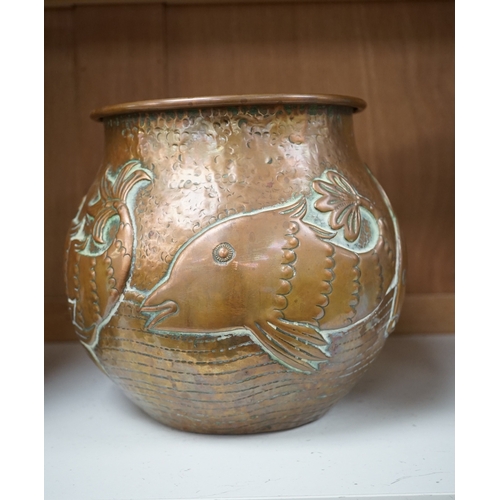 1266 - A Newlyn Arts & Crafts jardiniere by John Pearson, decorated with four different fish, signed and nu... 