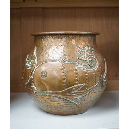 1266 - A Newlyn Arts & Crafts jardiniere by John Pearson, decorated with four different fish, signed and nu... 