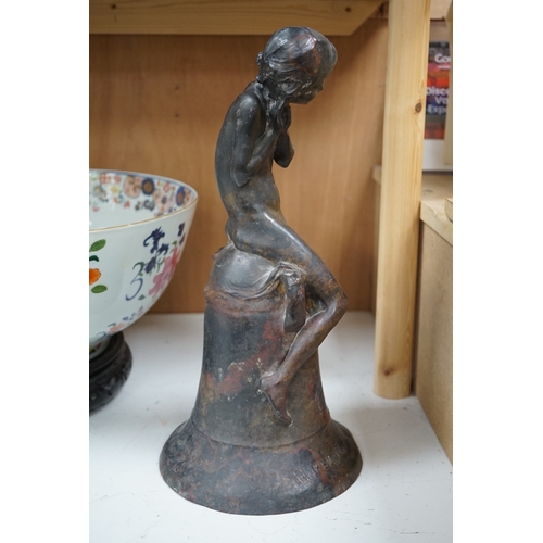 1269 - After Henri Pernot (1859-1937), a bronze figure of a boy seated on a bell, signed, 38cm high. Condit... 