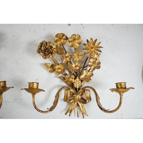 1275 - A set of four gilt metal two branch wall sconces, largest 26cm high. Condition - fair