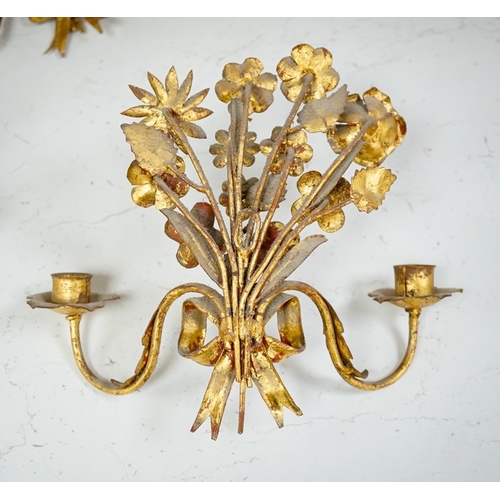 1275 - A set of four gilt metal two branch wall sconces, largest 26cm high. Condition - fair