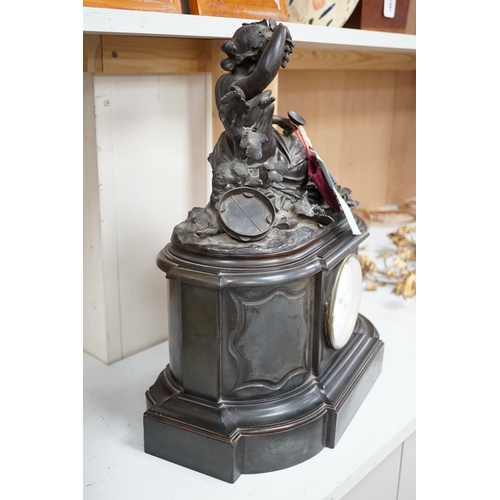 1276 - A Victorian black marble eight day mantel clock, surmounted by a cast bronze figure of a muse, with ... 