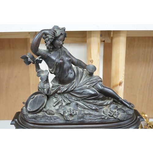 1276 - A Victorian black marble eight day mantel clock, surmounted by a cast bronze figure of a muse, with ... 