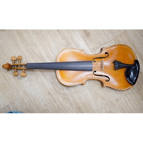 1286 - Two cased three quarter size violins, one labelled the London violin Co Ltd, length of back 33.5cm. ... 