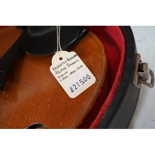 1286 - Two cased three quarter size violins, one labelled the London violin Co Ltd, length of back 33.5cm. ... 