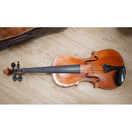 1286 - Two cased three quarter size violins, one labelled the London violin Co Ltd, length of back 33.5cm. ... 