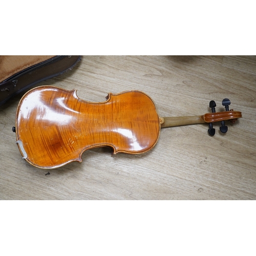 1286 - Two cased three quarter size violins, one labelled the London violin Co Ltd, length of back 33.5cm. ... 