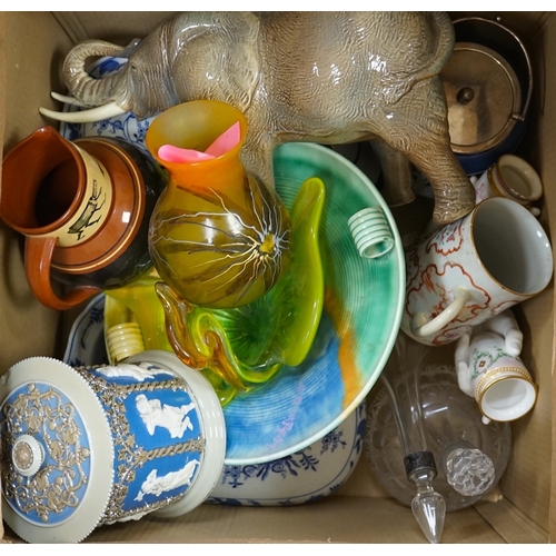 1288 - A group of Victorian and later pottery including jasperware, moulded stoneware and a pair of faience... 