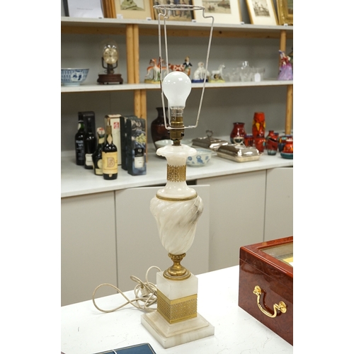 1293 - An alabaster and gilt table lamp, 44cm to top of alabaster. Condition - fair