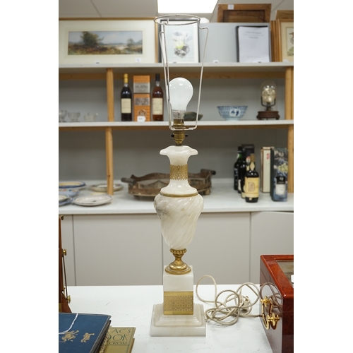 1293 - An alabaster and gilt table lamp, 44cm to top of alabaster. Condition - fair