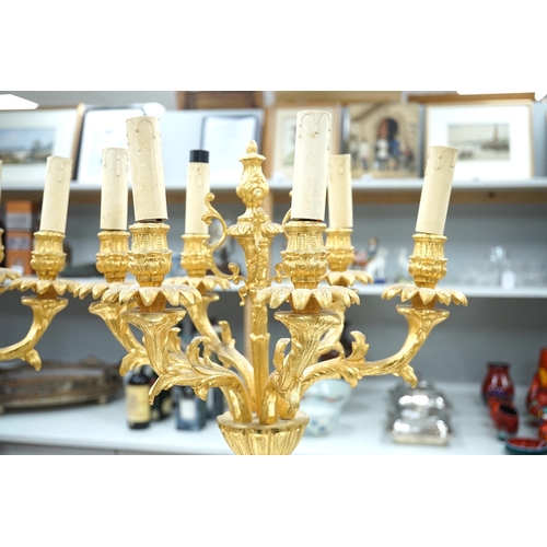 1295 - A pair of early 20th century French ormolu figural six branch table lamps, 74cm tall. Condition - go... 