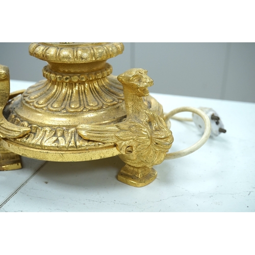 1295 - A pair of early 20th century French ormolu figural six branch table lamps, 74cm tall. Condition - go... 