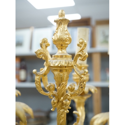 1295 - A pair of early 20th century French ormolu figural six branch table lamps, 74cm tall. Condition - go... 