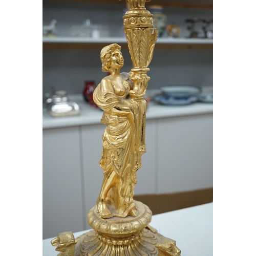 1295 - A pair of early 20th century French ormolu figural six branch table lamps, 74cm tall. Condition - go... 