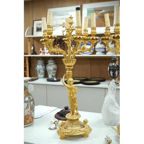 1295 - A pair of early 20th century French ormolu figural six branch table lamps, 74cm tall. Condition - go... 